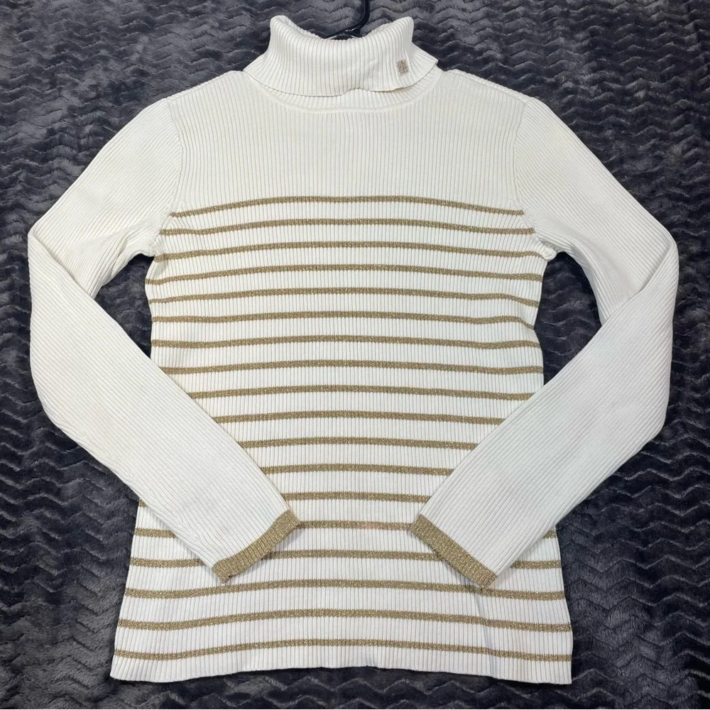 Ralph Lauren cream Gold Metallic Striped Turtleneck sweater, women’s size L.#5